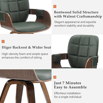 Set of 1 Mid Century Modern Chair - Swivel Dining Chair with Arms and Curved Back, Faux Leather Reception Room Chairs, Ideal for Kitchen/Living Room/Reception/Desk (Walnut Green)
