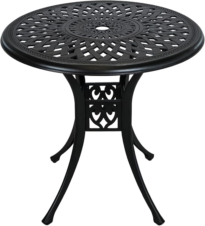 30.3 Inch Round Patio Table Cast Aluminum Patio Table,Metal Patio Dining Table with Umbrella Hole,All Weather Outdoor Bistro Dining Table for Backyard, Garden, Balcony, Black