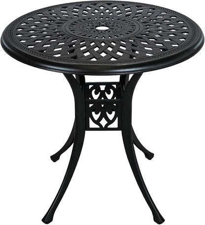 30.3 Inch Round Patio Table Cast Aluminum Patio Table,Metal Patio Dining Table with Umbrella Hole,All Weather Outdoor Bistro Dining Table for Backyard, Garden, Balcony, Black