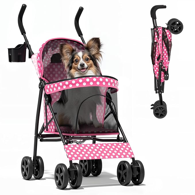 Magshion Compact Pet Stroller for Small-Medium Dogs/Cats up to 22lbs, 4-Wheel Lightweight Umbrella Shaped Portable Puppy Travel Jogger with Breathable Mesh, Cup Holder & Rear Storage, Pink Polka Dots