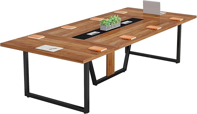 LITTLE TREE 8FT Conference Table for 10 People, Large Meeting Table, Modern Conference Room Tables with Cable Management, Training Tables with Strong Metal Legs for Office, Brown
