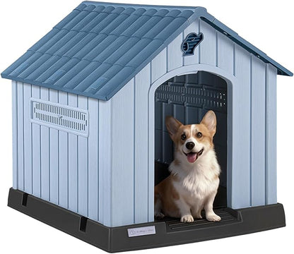 PUKAMI Large Dog House Outdoor Indoor, Plastic Dog House Weatherproof for Large Dogs, Study Puppy Shelter with Air Vents and Elevated Floor, Easy Clean and Assemble (Blue, 31.5"D x 33.5"W x 33.9"H)