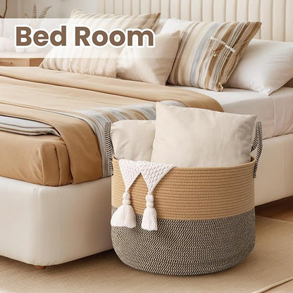 Woven Blanket Basket,65L Large Rope Storage Bin with Handles, Organizer for Blankets Toys Book and Clothes, Laundry Basket for Living Room Bedroom Nursery,Jute&Black
