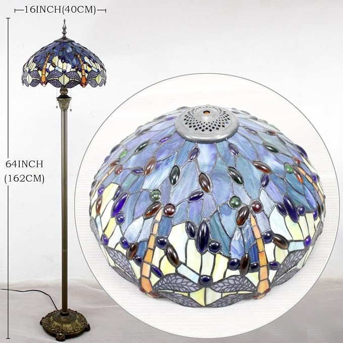 WERFACTORY Tiffany Floor Lamp Blue Yellow Stained Glass Dragonfly Standing Reading Light 16X16X64 Inches Antique Pole Corner Lamp Decor Bedroom Living Room Home Office S128 Series
