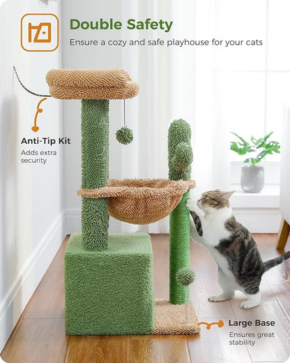 PEQULTI 4-in-1 Cactus Cat Tree, 33'' Cat Tower for Indoor Cats with Large Condo, Cat Scratching Post for Cats with Deep Hammock& Cozy Top Perch,Green