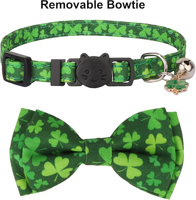 ADOGGYGO St. Patrick's Day Cat Collars with Bow Bell, Green Shamrock Pattern Kitten Collar with Removable Bowtie, Pet St Patricks Collars for Cats Kittens (St. Patrick's Day)