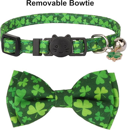 ADOGGYGO St. Patrick's Day Cat Collars with Bow Bell, Green Shamrock Pattern Kitten Collar with Removable Bowtie, Pet St Patricks Collars for Cats Kittens (St. Patrick's Day)