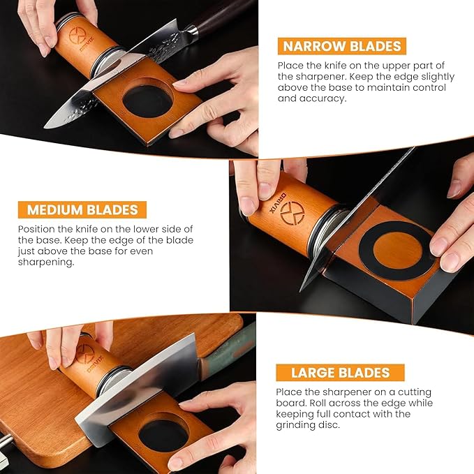 Rolling Knife Sharpener Kit – Magnetic 4-Angle Base, 3.86 Inches Longer Wooden Roller, 4 Grit Discs (1000/400 Diamond & 3000 Maroon / 6000 White Ceramic) and Leather Strop