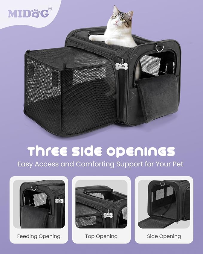 MIDOG Cat Carrier Soft for Small to Medium-Sized Cats,Up to 15 Lbs,TSA Airline Approved Soft Sided Pet Carrier,Collapsible Travel Cat Bag(Black)