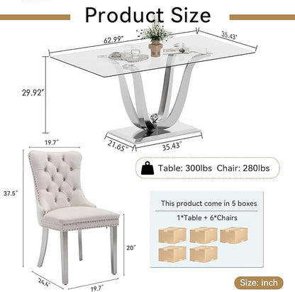 70" Modern Silver Glass Dining Table Set for 6, 7-Piece Rectangle Kitchen Dining Room Table Set with Steel Base & 6 Beige Velvet Upholstered Chairs, Modern Glass Kitchen Table and Chairs Set of 6
