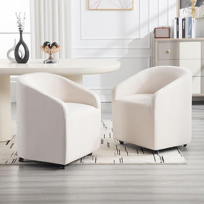 Modern White Upholstered Dining Chairs with Swivel Casters, Linen Barrel Back Accent Side Chair for Dining Room Living Room, Beige