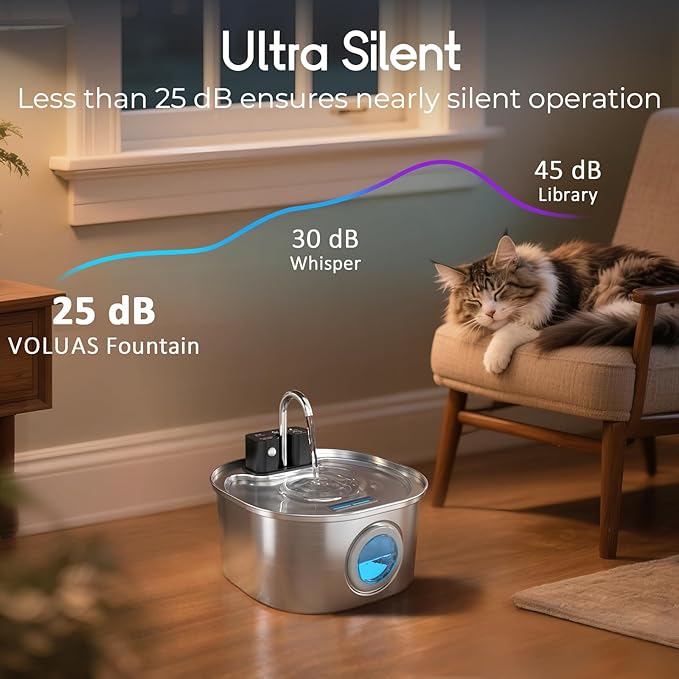 Voluas Cat Water Fountain Stainless Steel: 108oz/3.2L Wireless Cat Fountain Battery Operated for Drinking Indoor, Automatic Pet Water Dispenser Bowl with Ultra Quiet Pump, Easy Clean BPA-Free