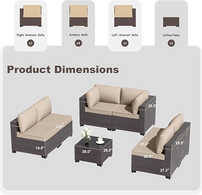 Kurapika 7 Pieces Patio Furniture Set, Rattan Wicker Outdoor Conversation Sets w/4 Inch Cushion and Glass Coffee Table(Sand)