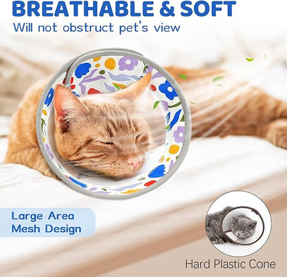 Breathable Air Mesh Cat Cone Collar Soft to Stop Licking, Adjustable, Foldable Lightweight Kitten Cones After Surgery Recovery for Cats & Kittens (Flower,S)