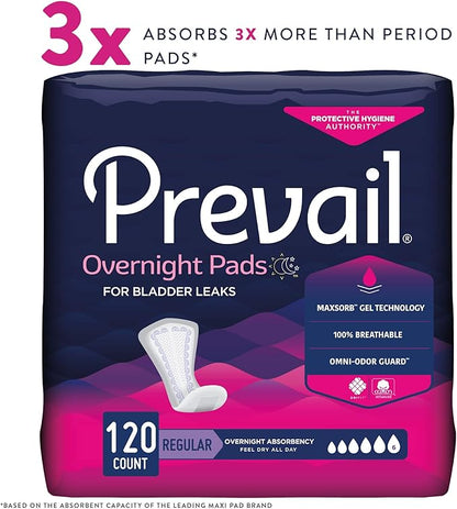 Prevail Proven - Incontinence Bladder Control Pads - Bladder Leak Pads - Overnight Absorbency, 120 Count (4 Packs of 30)