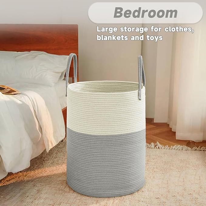 Large Woven Laundry Basket Hamper,100L Cotton Rope Storage Bin for Blankets,Toys and Clothes,Decorative Tall Nursery Hamper for Living Room,Baby Nursery,Bathroom and Bedroom,White and Grey