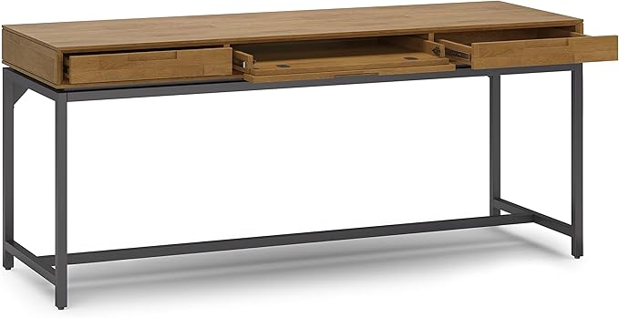 SIMPLIHOME Banting Desk - 72-Inch Wide Solid Hardwood and Metal Writing Desk in Medium Saddle Brown, Modern Industrial Home Office Computer Table for Study with 2 Drawers and Flip-Down Keyboard Tray