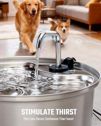Dog Water Fountain Stainless Steel, 7L/1.8Gal Pet Fountain Water Bowl with Multi-Filtration & Deeper Drinking Aera, Large cat Water Fountain with Water Window & LED, Ultra-Quiet