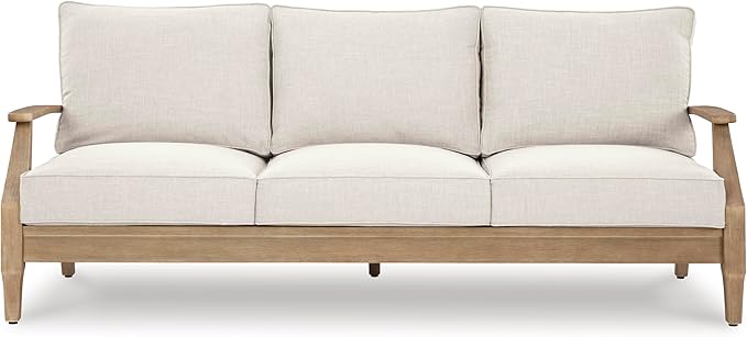 Signature Design by Ashley Carter Hall Outdoor Eucalyptus Wood Patio Sofa – Cushioned with UV-Resistant Nuvella Fabric, 5-Step Protective Finish, Beige