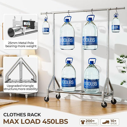 Heavy Duty Clothes Rack Load 450 LBS, Metal Garment Rack, Standing Rolling Clothing Rack for Hanging Clothes with Sturdy Wheels & Shelves, Portable Closet Wardrobe Rack,Sliver