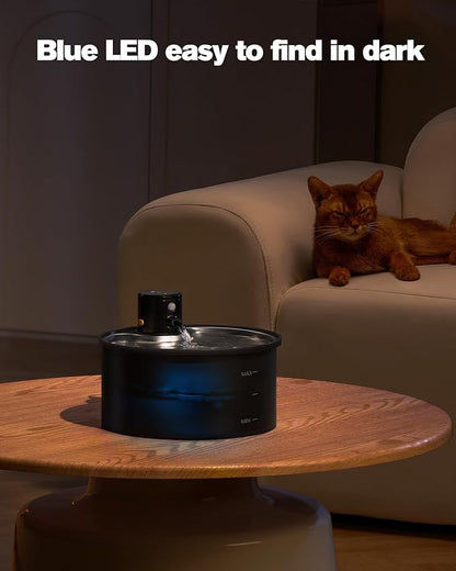 Wireless Cat Water Fountain Cordless: 108oz/3.2L Battery Operated Pet Fountain with Stainless Steel Water Tray + Plastic Barrel (Cat Fountains with 8 Filters & 8 Sponges)