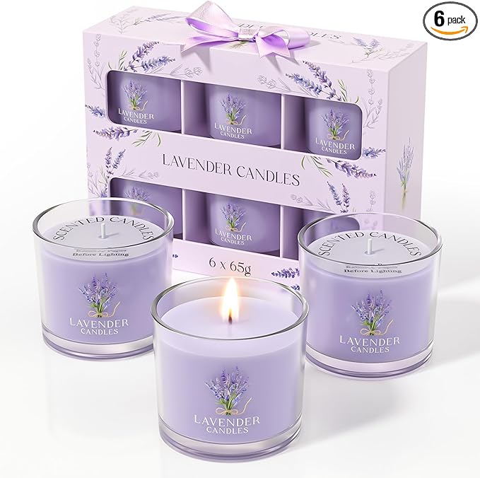 Lavender Candle, Scented Candles Gift Set for Stress Relief, 6 Votive Candles for Women and Men, Birthday Candle Gifts for Women, Christmas Candles for Women (Purple, 14 oz)