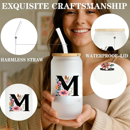 Monogrammed Glass Drinking Cup With Lid Straw Personalized Customized Post Cards Women Wife Gifts Anniversary Her 9 11 12 13 15 16 17 18 19 22 39 44 Christmas Xmas Valentines Birthday Groom Gifts,O