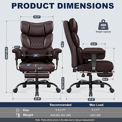 Misolant Big and Tall Office Chair with Footrest, High Back Executive Desk Chair with Adjustable Lift Armrest, 155°Recline，Lumbar Support Pillow, Faux Leather Gaming Chairs for Home or Office Brown