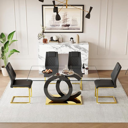 63'' Glass Dining Table Set for 4, Kitchen Table Chairs Set of 4, Clear Glass Dining Table with Black unique design Leg and Gold Metal Base, 4 PU Dining Chairs with Metal Legs, Living Room, Kitchen.