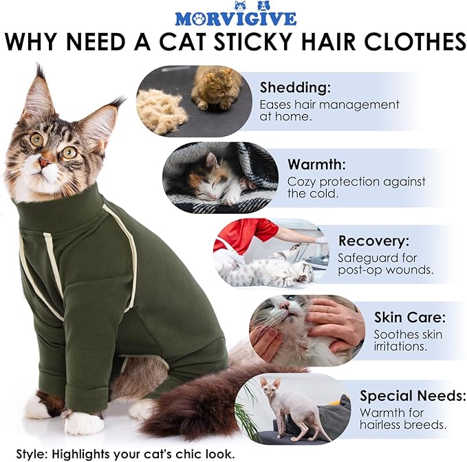 Cat Onesie - Army Green, Soft & Breathable Cat Pajamas for Sizing S. Surgery Suit & Hair Spreading Prevention