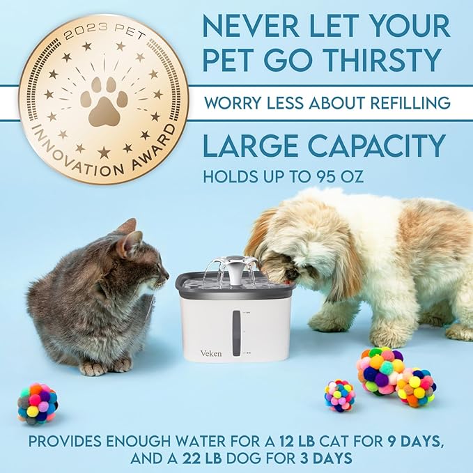 Veken Innovation Award Winner 95oz/2.8L Pet Fountain, Automatic Cat Water Fountain Dog Water Dispenser with Replacement Filters for Cats, Dogs, Multiple Pets (Grey, Plastic)