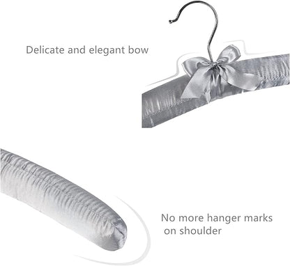 Grey Satin Padded Sweater Hangers 10 Pack, Blouse Hanger with Thick & Soft Foam for Bridal Wedding Dress Lingerie, Smooth Silk Covered Shirt Hanger Without Shoulder Bump