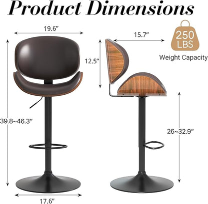 Adjustable Swivel Bar Stools 1 PC, Modern Bentwood Barstool with Large Metal Base and Footrest, PU Leather Upholstered Bar Chair with Curved Back for Kitchen Island Dining Room, Brown