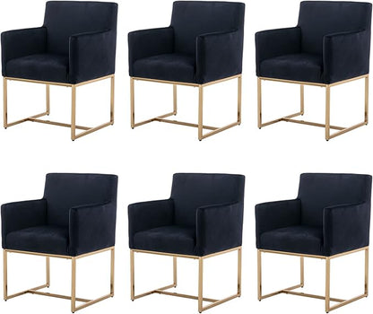 Set of 6 Upholstered Velvet Dining Chairs with Armrest, Mid Century Modern Accent Armchairs, Modern Kitchen & Dining Room Chairs with Gold Frame, Black