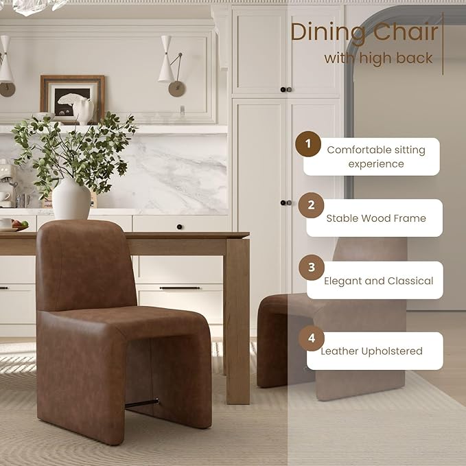 Brown Upholstered Leather Dining Chairs Set of 2, Mid Century Modern Dining Room Chairs with Deep Seat & Curved Back, Armless Side Chair Comfy Kitchen Chairs for Living Room/Kitchen