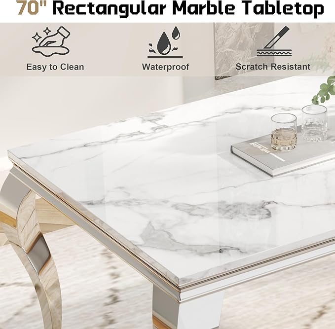 Dining Table Set for 6, 7-Piece Kitchen Table Chairs Set, Modern Dining Room Set with 70'' Marble Dinner Table and 6 Petaloid Backrest Upholstered Chairs for Kitchen, Black & Silver