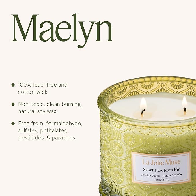 LA JOLIE MUSE Christmas Candle | Starlit Golden Fir | Fir Balsam, Cedarwood & Smoke | 12 oz Soy Candle, Double Wick | 60 Hours Clean Burn | Christmas Gift for Women & Family