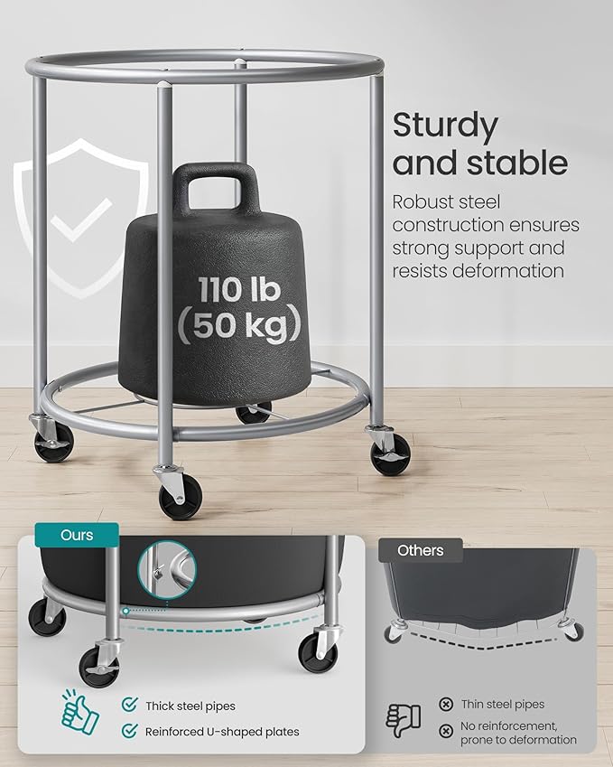 SONGMICS 50.2-Gallon (190 L) Laundry Basket with Wheels, Rolling Round Heavy-Duty Laundry Hamper Cart with Steel Frame and Removable Bag, 2 Locking Wheels, Ink Black and Metallic Silver URLS001B01