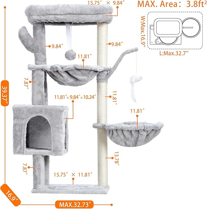 Heybly Cat Tree, 39.4 Inches Tower Condo with Scratching Post, Cat Tower for Indoor Cats, Fully Wrapped Sisal Pole, Soft Platform, 2 Baskets and Dangling Toy, Light Gray HCT006SW