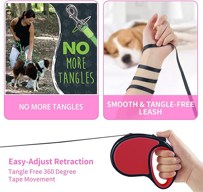 Retractable Dog Leash,[Strong Nylon Tape][One-Handed One Button Lock] for Small Medium Dogs and Cats,16ft Pet Walking Leash with 360°Tangle-Free Design,Anti-Slip Handle,Gift Package (Red)