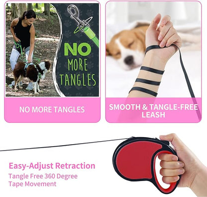 Retractable Dog Leash,[Strong Nylon Tape][One-Handed One Button Lock] for Small Medium Dogs and Cats,16ft Pet Walking Leash with 360°Tangle-Free Design,Anti-Slip Handle,Gift Package (Red)
