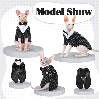QBLEEV Cat Tuxedo Suit, Sphynx Cat Suit with Bow Tie, Cat Halloween Costumes, Kitten Formal Attire Wedding Birthday Onesie Clothes for Male Female Hairless Cats
