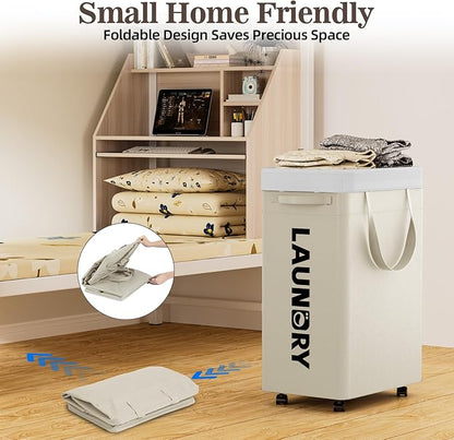 YECAYE 75L Rolling Laundry Hamper, Easy-to-Assemble Clothes Hamper with Wheels, Rolling Dirty Clothes Basket, Slim Basket for Bedroom, Bathroom, or Laundry Room, Beige