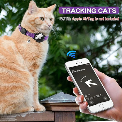 Luminous AirTag Cat Collar Breakaway, OUCWLTAG GPS Cat Collar with Apple Air Tag Holder, Cat Tracker Collars with Safety Elastic Band for Girl Boy Cats, Kittens and Puppies (Purple, 7-10 Inch)