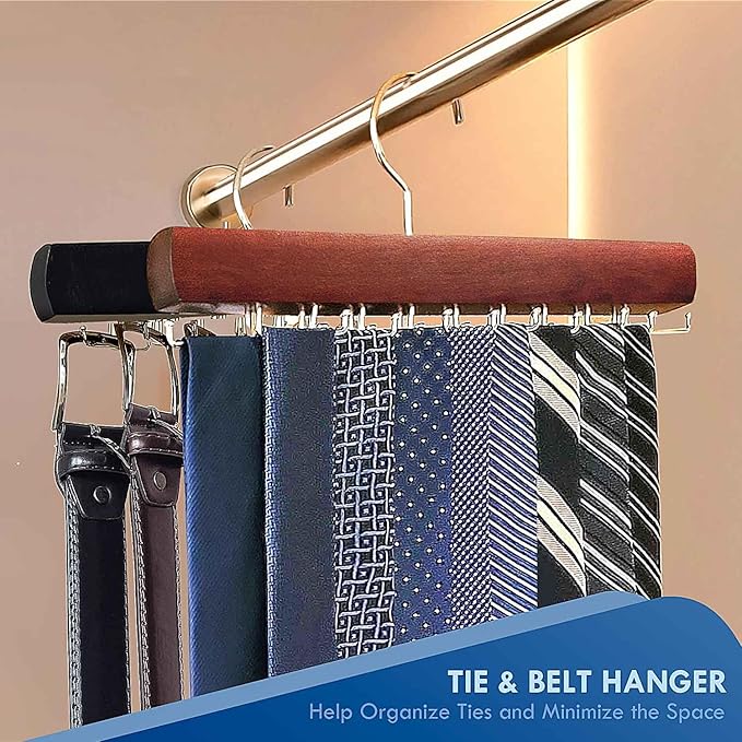 Tie Rack Hanger for Closet, Wooden Tie Hangers for Men with 18 Folding Hooks, Space Saving Tie Holder Neck Tie Organizer for Men Ties, Belts, Bras, Scarves, Tank Tops (Mahogany)