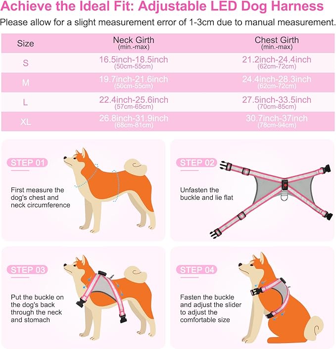Visinite LED Dog Harness, USB Rechargeable Light Up Dog Vest, 2 Illuminate Modes Glow in The Dark Dog Harness, Adjustable Lighted Pet Harness Light for Night Walking Safety (Pink, M)