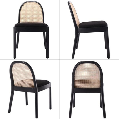 LukeAlon Modern Sherpa Dining Chairs Set of 8, Natural Woven Rattan Cane Back Side Chairs with Solid Wood Legs Mid Century Dinner Chairs for Kitchen Living Room, Black