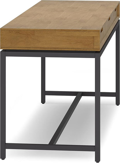 SIMPLIHOME Banting Desk - 72-Inch Wide Solid Hardwood and Metal Writing Desk in Medium Saddle Brown, Modern Industrial Home Office Computer Table for Study with 2 Drawers and Flip-Down Keyboard Tray