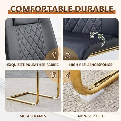 63'' Glass Dining Table Set for 4, Kitchen Table Chairs Set of 4, Clear Glass Dining Table with Black unique design Leg and Gold Metal Base, 4 PU Dining Chairs with Metal Legs, Living Room, Kitchen.