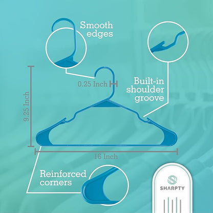 Sharpty Plastic Hangers Clothes Hangers for Clothing, Closet, Coats & Shirts - Notched, Durable, Thick, Tough & Space Saving - for Everyday Standard Use, Room Essentials & Basics - 20 Pack - Blue